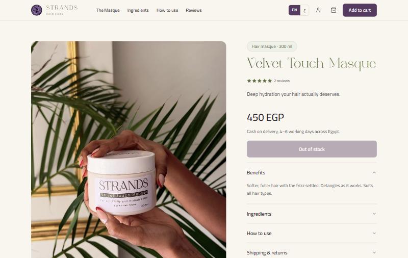 Strands product page for the Velvet Touch Masque